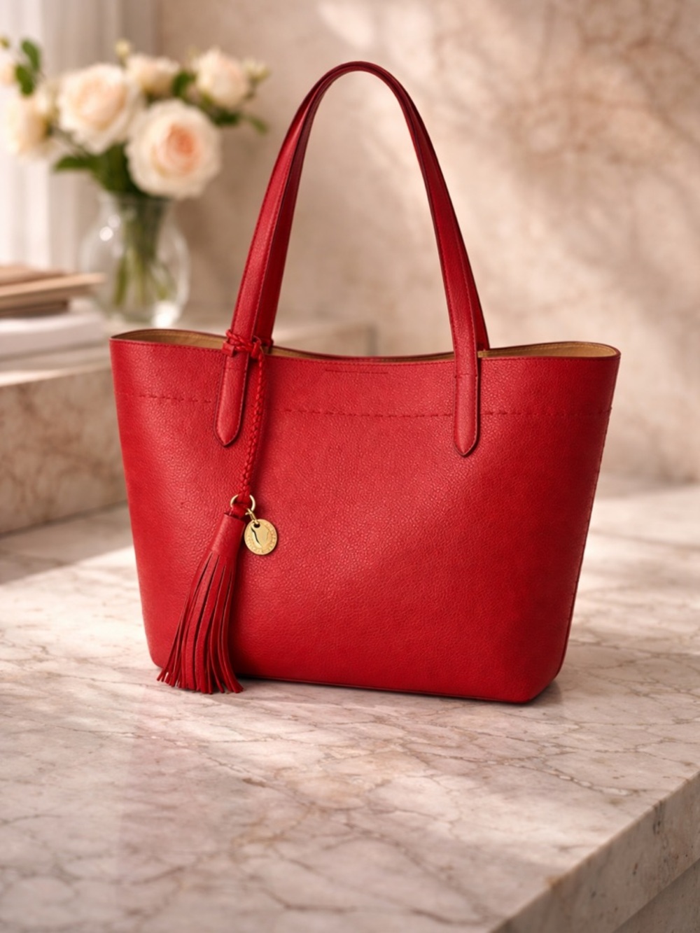 Cole Haan Red Pebbled Leather Tote Tassel Shoulder bag structured Everyday bag